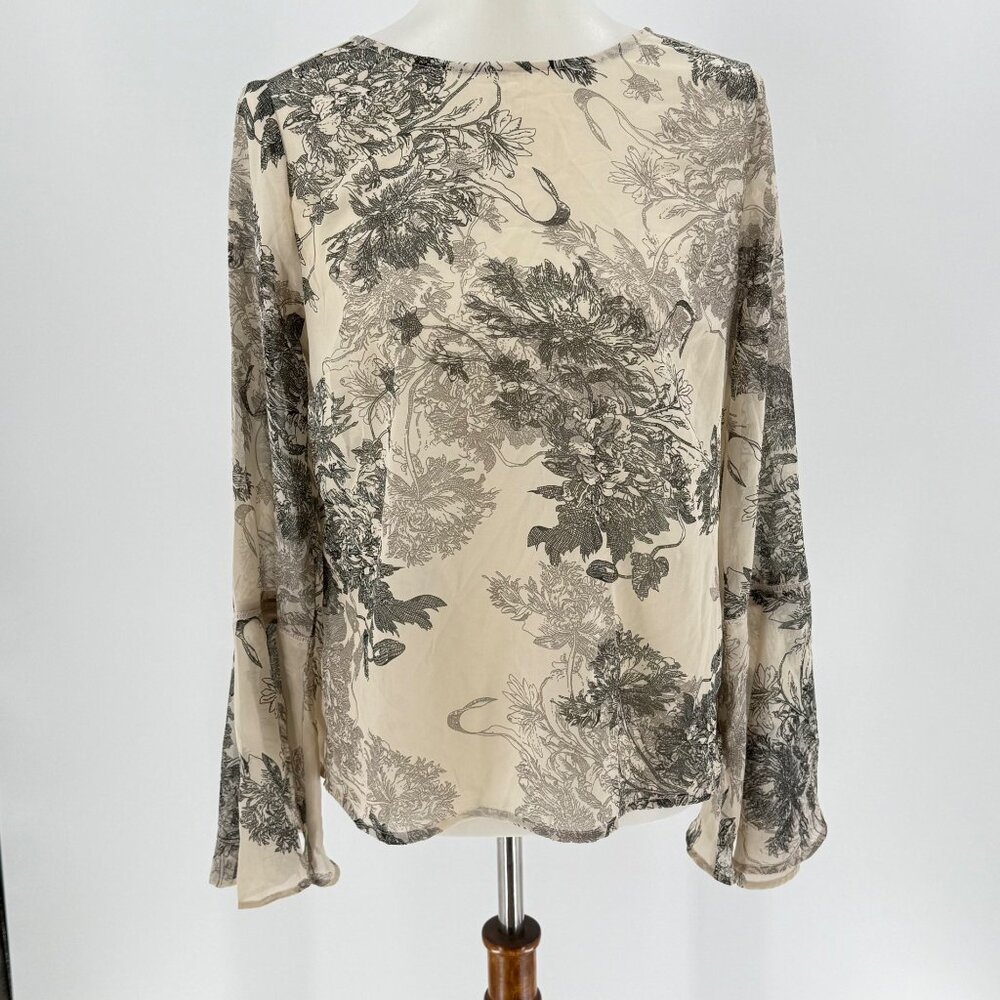 Mimi + Daphne Neutral Floral Print Long Sleeve Blouse With Tie Back Detail S